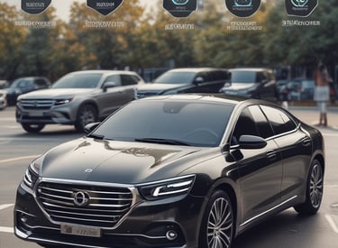 Side view of a car driving at night with bright headlights casting long beams and lens flares.