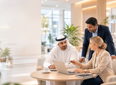 Professionals discussing partnership opportunities in a modern hospitality lounge setting