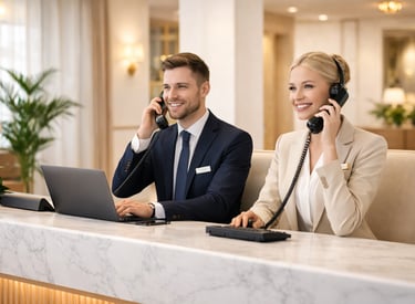 Two professional hotel receptionists answering phone calls at a modern light reception desk