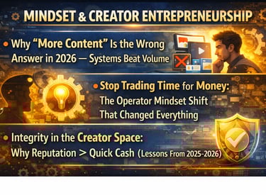 Mindset and creator entrepreneurship infographic highlighting systems over volume and the operator mindset shift.