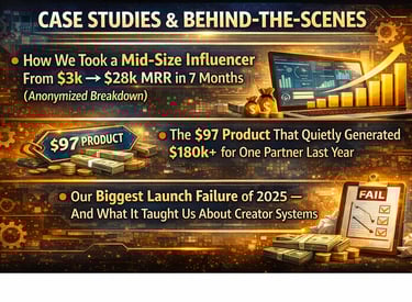 Digital marketing case studies showing influencer MRR growth, product revenue results, and creator systems analysis.
