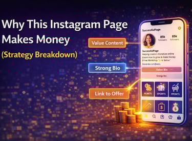 Instagram page strategy breakdown showing how to monetize with content, a strong bio, and links to offers.