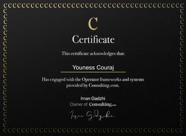 Consulting.com certificate for Youness Couraj for Operator frameworks and systems by Iman Gadzhi.