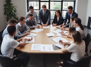 A confident sales consultant coaching a franchise team in a sleek conference room.