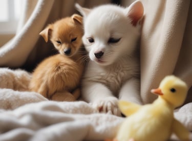 A cozy display of nature-inspired plush toys and jewelry illuminated by soft candlelight.