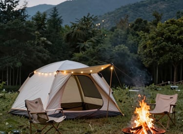 A rugged backpack and camping tools laid out on a wooden table surrounded by pine needles.