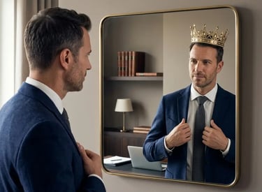 Homem de terno com traços narcisistas se vê no espelho com uma coroa de ouro.