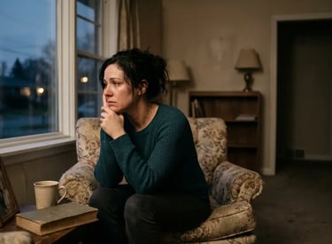 Mulher triste e solitária à janela, sentindo abandono no casamento.