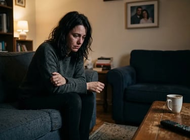 Mulher triste e solitária no sofá, em sala escura, com sinais de depressão.