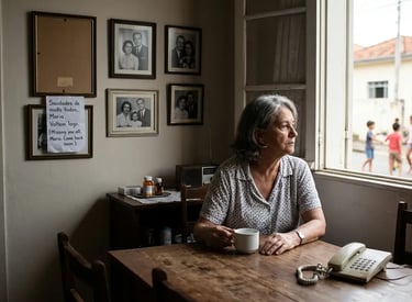Mulher idosa, com expressão de abandono, olha pela janela à mesa de madeira, com café e telefone 