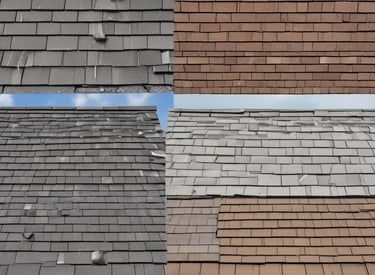 Close-up of a house roof with visible hail dents under a cloudy sky.