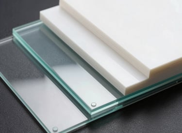 Close-up of stacked colorful technical plastic sheets in an industrial warehouse