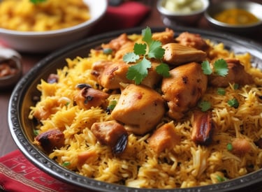 A colorful platter showcasing a mix of Indian vegetarian and non-vegetarian dishes garnished with fresh herbs.