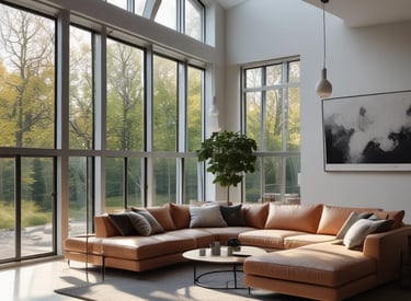 A bright, cozy living room freshly cleaned with sunlight streaming through the windows.
