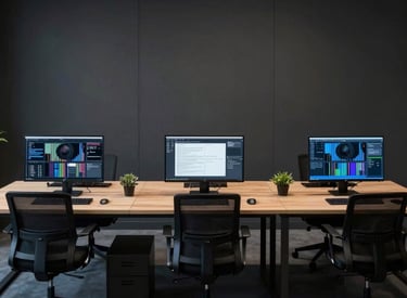 A sleek, dark-themed office space with three workstations symbolizing digital publishing, software development, and engineering consulting.
