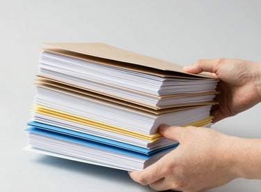 A close-up of hands organizing colorful data charts on a desk.