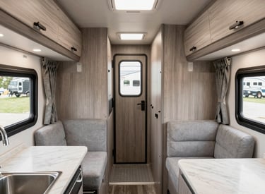 Interior view of a cozy, clean travel trailer with warm lighting and practical furnishings.