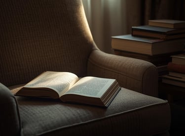reading chair near light, books stacked on side