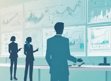 A sleek, dark-themed high-tech office with professionals analyzing health data on multiple screens illuminated in teal.