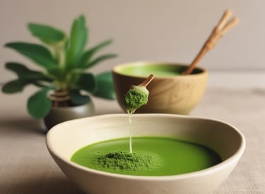 Close-up of vibrant green Jade matcha powder in a minimalist ceramic bowl with a bamboo whisk beside it.