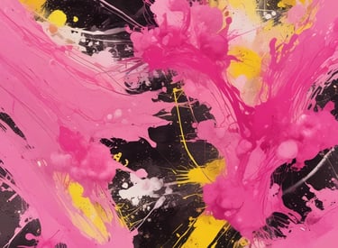 Close-up of a digital illustration with dynamic splatter textures in pink and yellow.