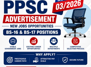 Official job announcement flyer for PPSC Advertisement No. 03/2026, listing new government job vacan
