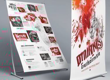 A spread of colorful promotional flyers fanned out on a black surface with crimson highlights.