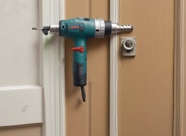 A technician installing a new cylinder lock on a front door in a suburban neighborhood.