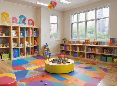 A bright and cheerful indoor educational play area for kindergarten children with colorful learning tools