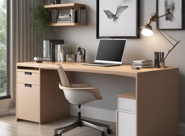 Custom-made wooden office desk with shelves and drawers.