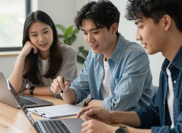 A digital marketing team discussing e-commerce strategy around a laptop.