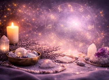 Astrology chart background with healing crystals, a lit candle, and a zodiac wheel in a magical purple aesthetic.