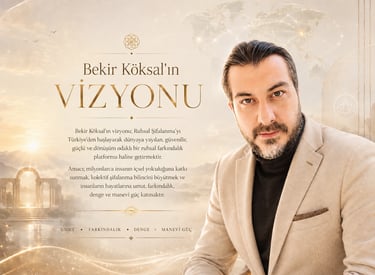 Bekir Köksal spiritual healing vision poster with gold typography and world map background.