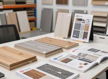 A professional team discussing building material samples in a bright office setting.