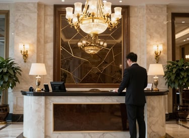 A vibrant hotel lobby bustling with attentive staff and welcoming guests.