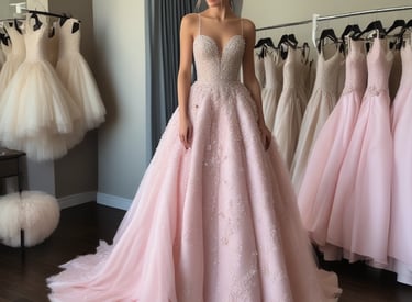 An elegant fitting room with a client and designer discussing fabric swatches and sketches.