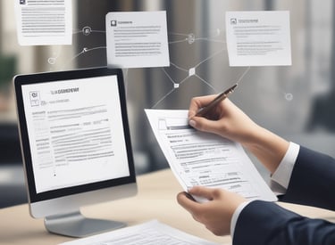 A business professional reviewing public bidding documents on a desk.