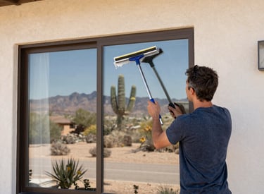 A professional cleaning a large commercial window with a squeegee under bright sunlight.
