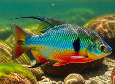 peixe piau com pinta no corpo e barriga vermelha no fundo do rio com pedras em volta agua cristalina