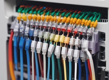 Orange-toned network cabling setup in a server room.