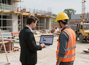A focused web designer collaborating with a local roofer, reviewing website layouts on a laptop in a workshop setting.