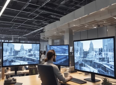 A professional team collaborating over engineering blueprints in a modern office.