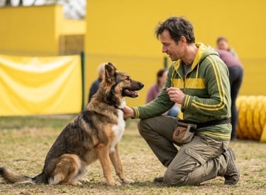 Un adiestrador canino premia a un pastor alemán durante una sesión de entrenamiento de obediencia 