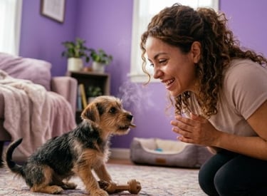 Una mujer sonriente entrena a un pequeño cachorro de terrier con golosinas en una sala