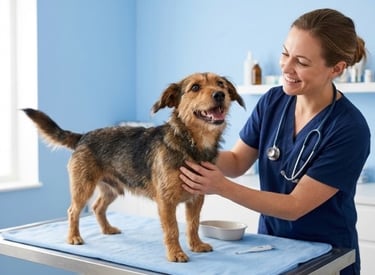 Una veterinaria sonriente examina a un perro mestizo muy contento 