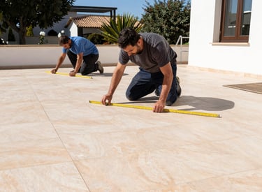 A skilled craftsman fitting custom cabinetry in a bright Mediterranean kitchen.