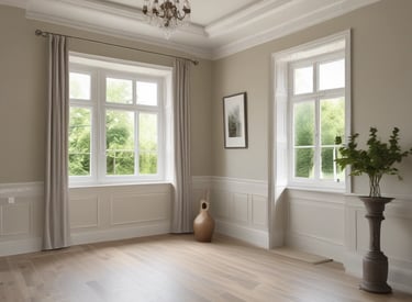A painter carefully applying a fresh coat of paint to a bright, modern living room wall.