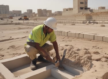 Construction workers laying bricks on a sunny day at a Qatar building site.
