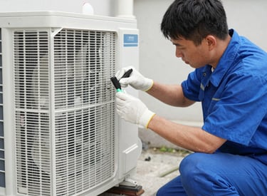 Technician installing an air conditioning unit in a modern home setting.