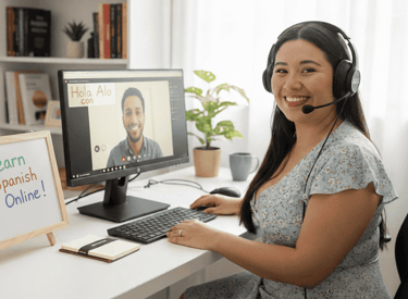 Online Spanish Tutor giving an 1 on 1 session in her office while the student is on the computer